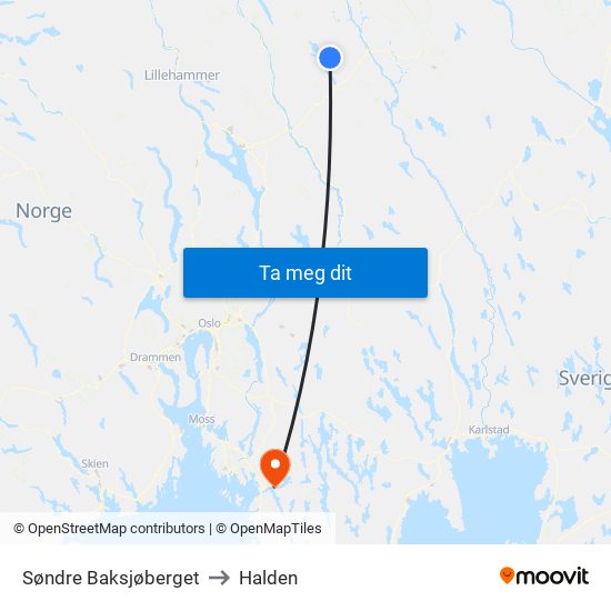 Søndre Baksjøberget to Halden map