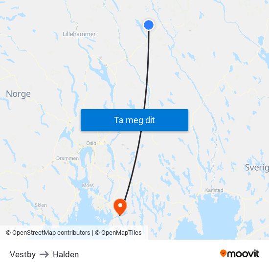 Vestby to Halden map