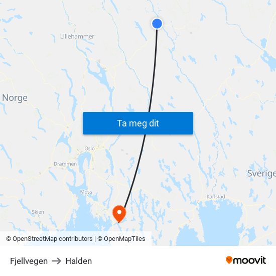 Fjellvegen to Halden map