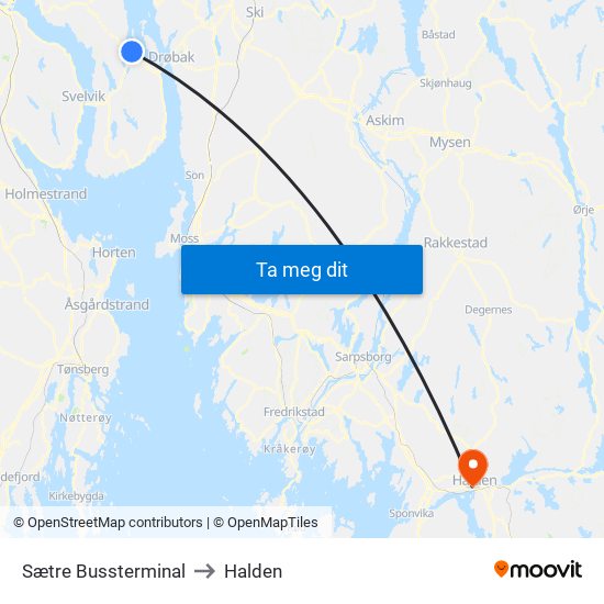 Sætre Bussterminal to Halden map