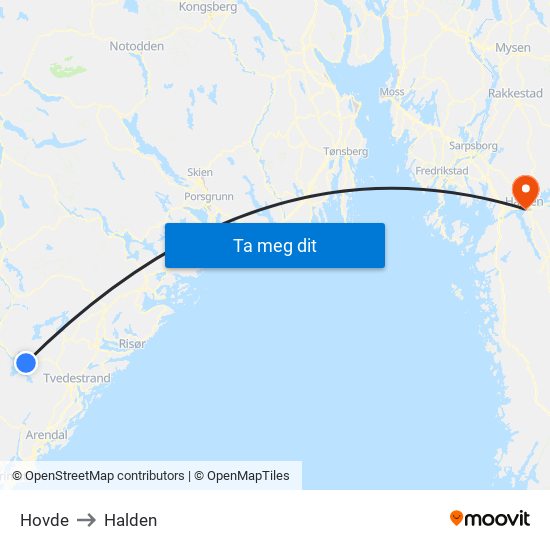 Hovde to Halden map