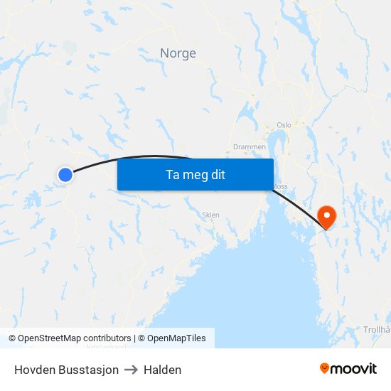 Hovden Busstasjon to Halden map