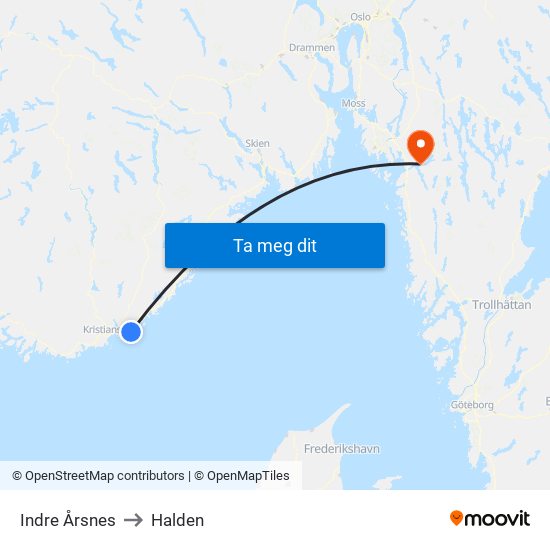 Indre Årsnes to Halden map