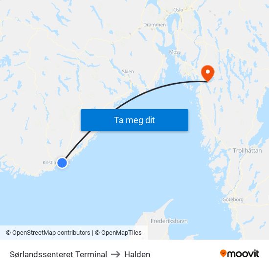 Sørlandssenteret Terminal to Halden map