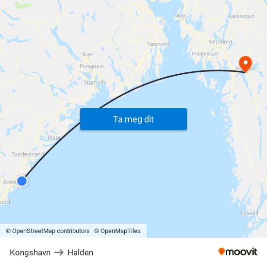 Kongshavn to Halden map