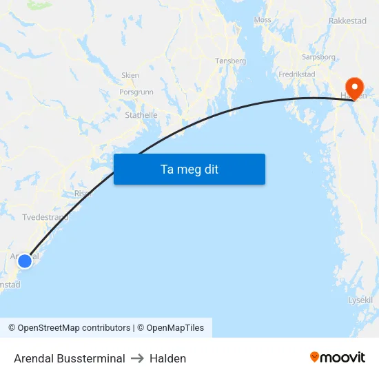Arendal Bussterminal to Halden map