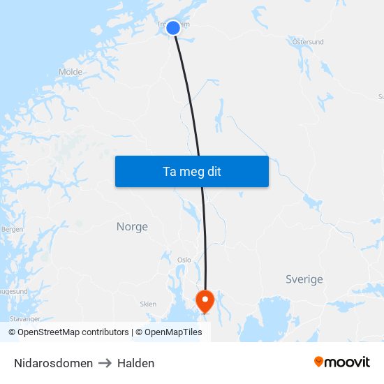 Nidarosdomen to Halden map