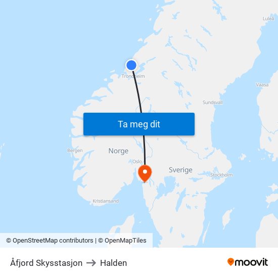 Åfjord Skysstasjon to Halden map