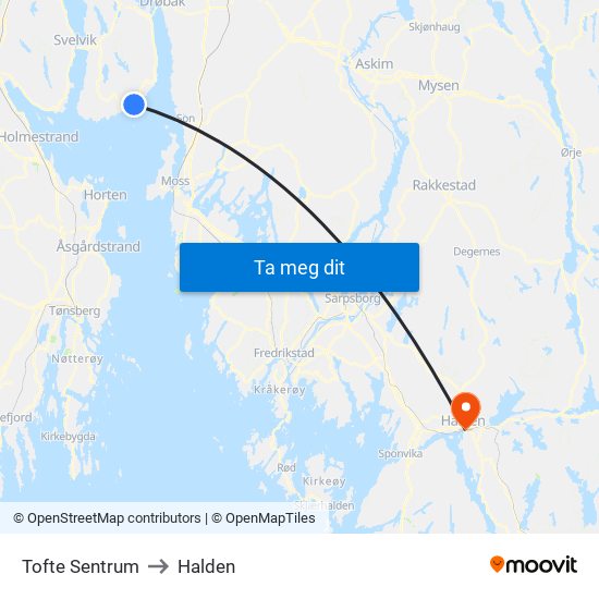 Tofte Sentrum to Halden map