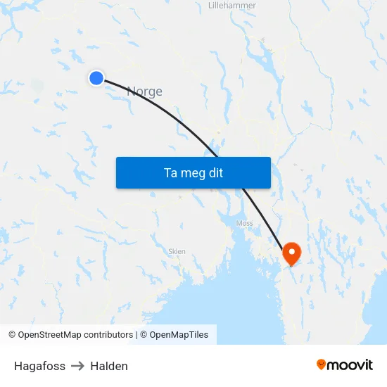 Hagafoss to Halden map