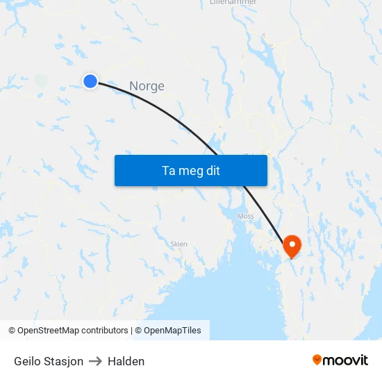 Geilo Stasjon to Halden map