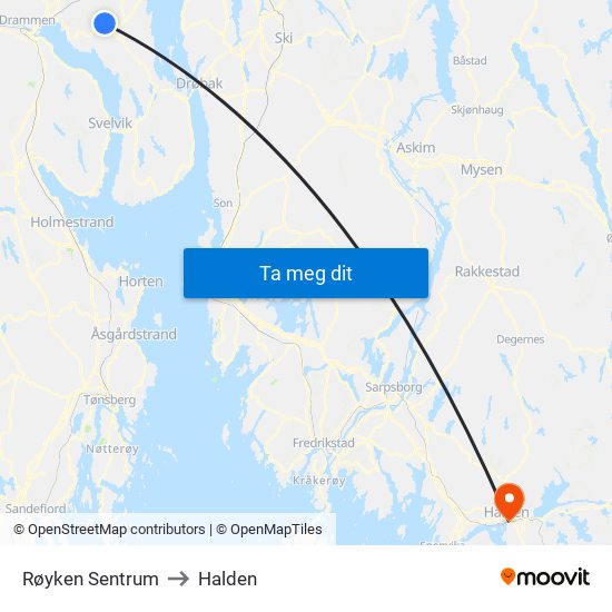 Røyken Sentrum to Halden map