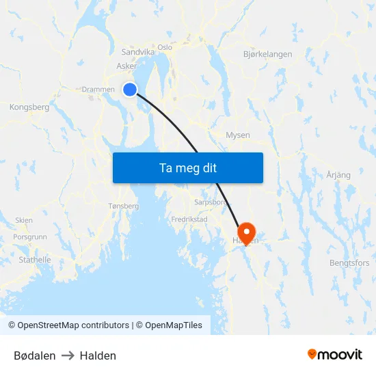 Bødalen to Halden map