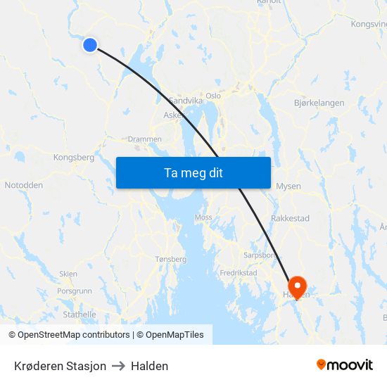 Krøderen Stasjon to Halden map