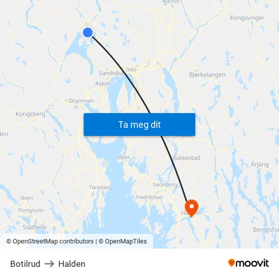 Botilrud to Halden map