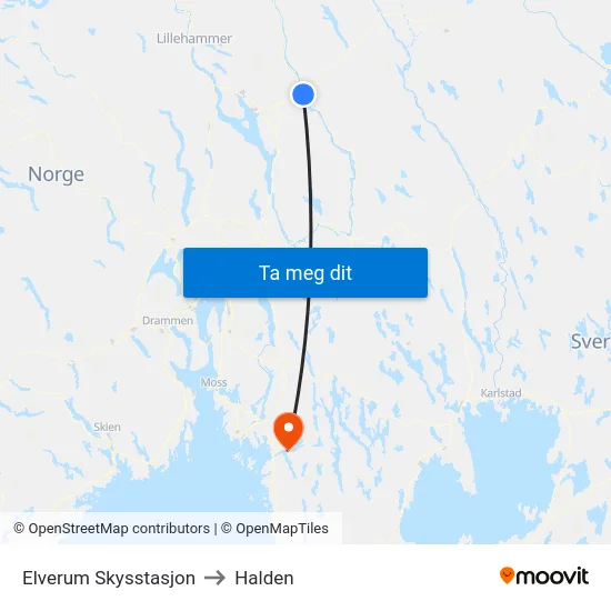 Elverum Skysstasjon to Halden map