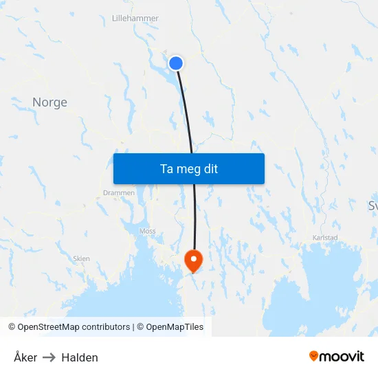 Åker to Halden map