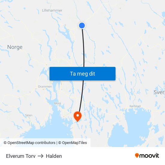 Elverum Torv to Halden map