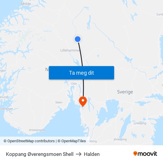 Koppang Øverengsmoen Shell to Halden map