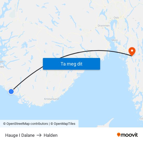 Hauge I Dalane to Halden map