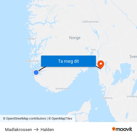 Madlakrossen to Halden map