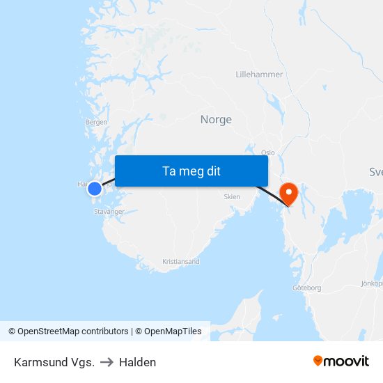 Karmsund Vgs. to Halden map