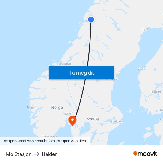 Mo Stasjon to Halden map