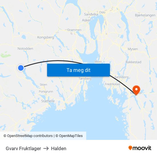 Gvarv Fruktlager to Halden map