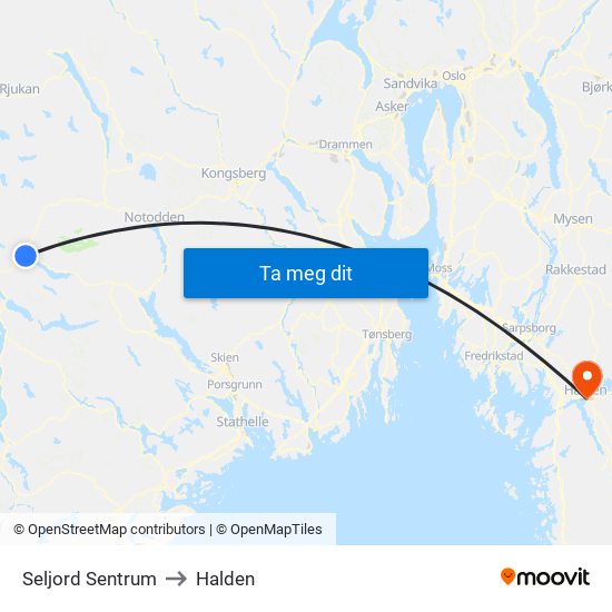 Seljord Sentrum to Halden map