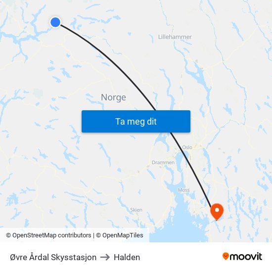 Øvre Årdal Skysstasjon to Halden map