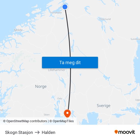 Skogn Stasjon to Halden map