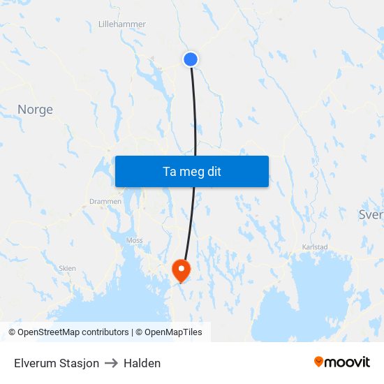 Elverum Stasjon to Halden map