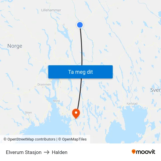 Elverum Stasjon to Halden map