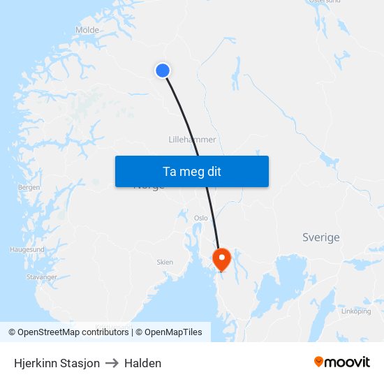 Hjerkinn Stasjon to Halden map