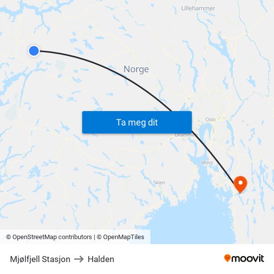 Mjølfjell Stasjon to Halden map