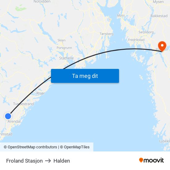 Froland Stasjon to Halden map