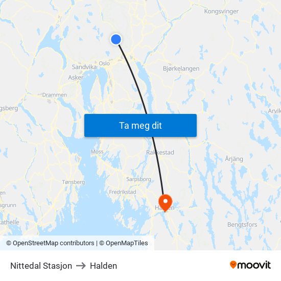 Nittedal Stasjon to Halden map