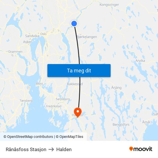 Rånåsfoss Stasjon to Halden map
