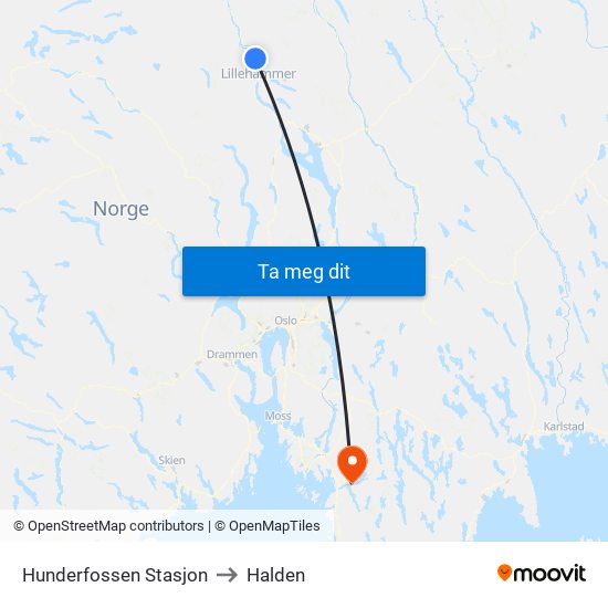 Hunderfossen Stasjon to Halden map