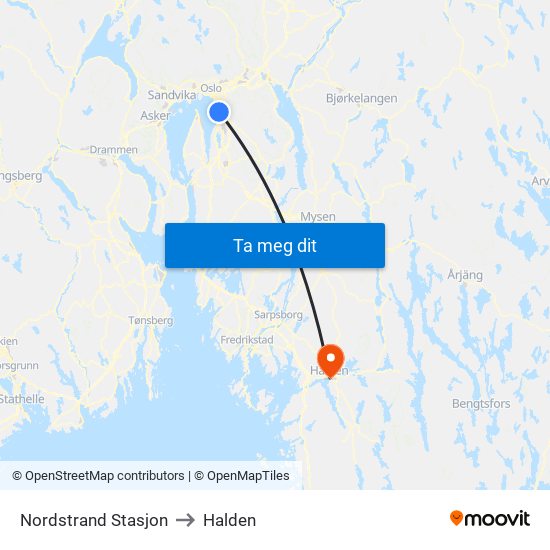 Nordstrand Stasjon to Halden map