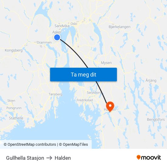 Gullhella Stasjon to Halden map