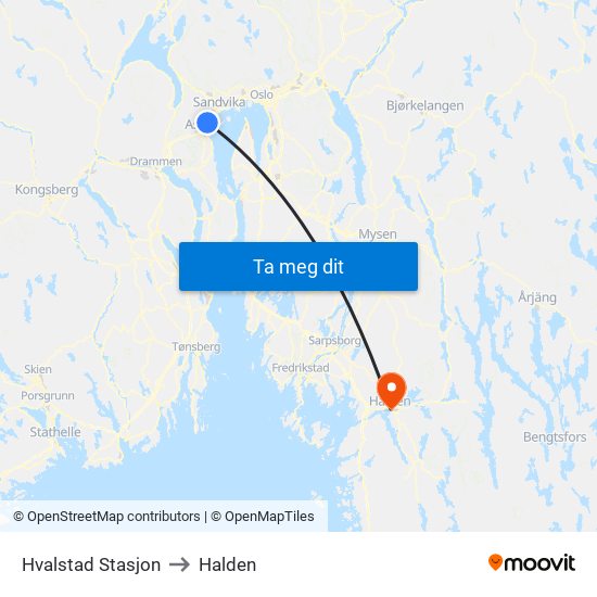 Hvalstad Stasjon to Halden map