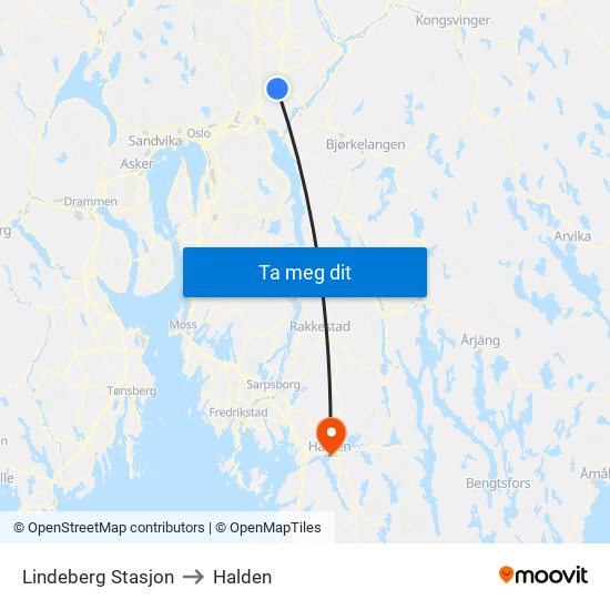 Lindeberg Stasjon to Halden map