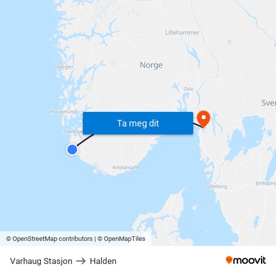 Varhaug Stasjon to Halden map