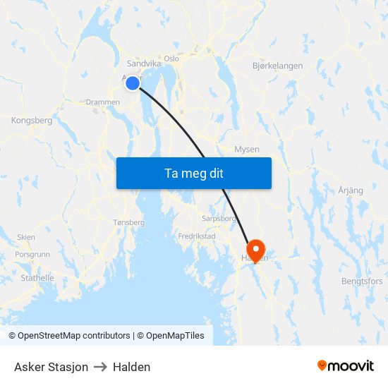 Asker Stasjon to Halden map