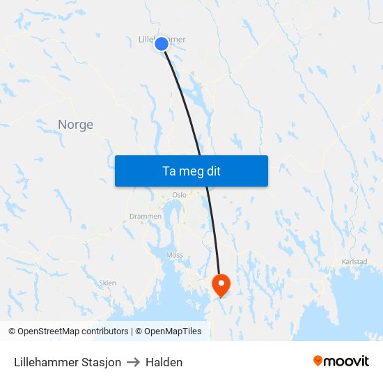 Lillehammer Stasjon to Halden map