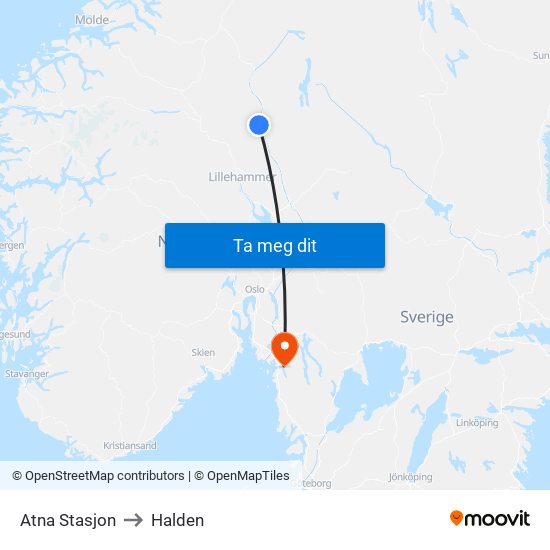 Atna Stasjon to Halden map