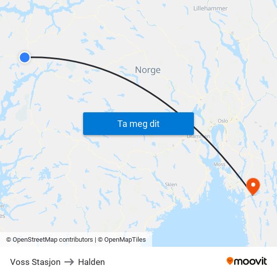 Voss Stasjon to Halden map