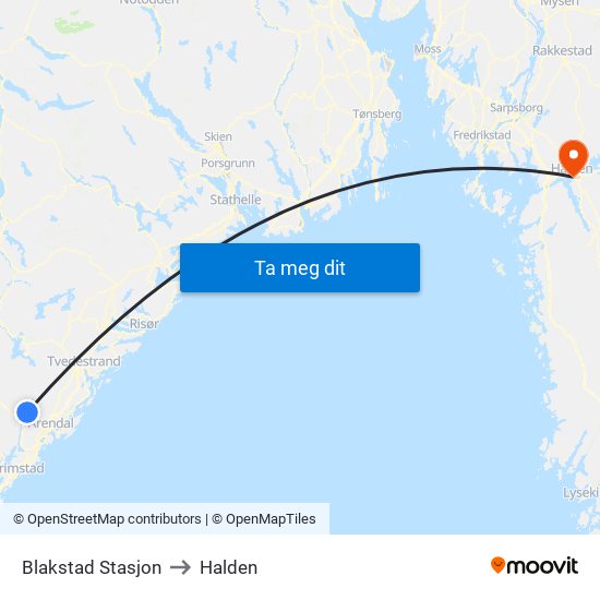 Blakstad Stasjon to Halden map