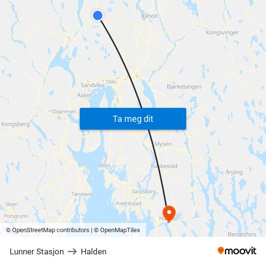 Lunner Stasjon to Halden map